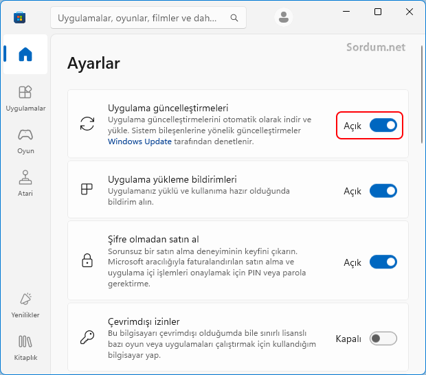 Mağaza uygulamaları güncelleme ayarı