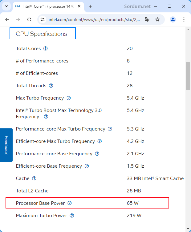intel sayfasındaki işlemci TDP si