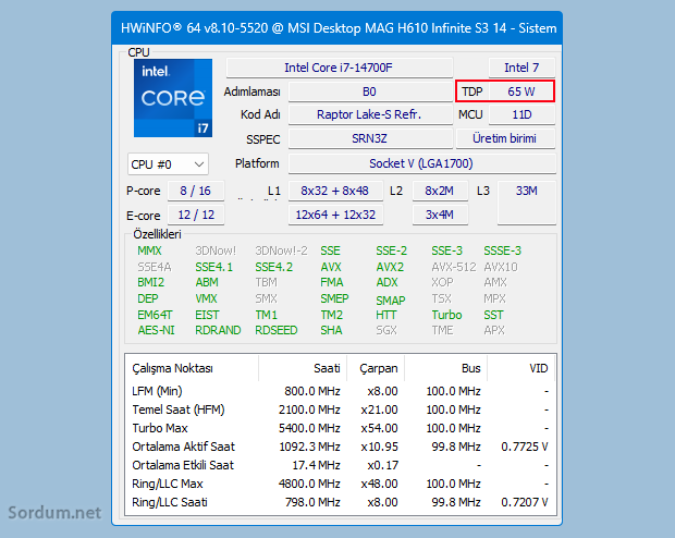 hwinfo ile cpu TDP sini bul