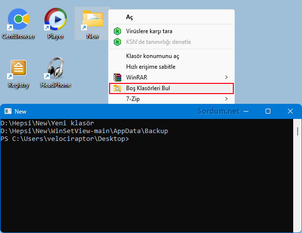 Sağ tuşa boş klasör bul ekleyin