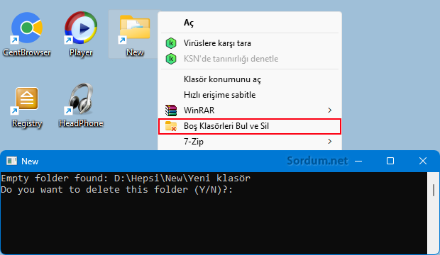 Sağ tuşa boş klasör sil ekleyin