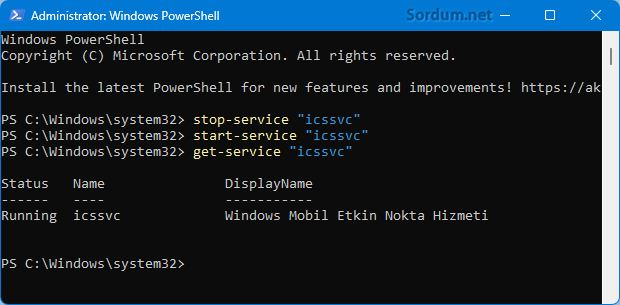 Powershell komutu ile Mobil etkin nokta hizmetini durdur