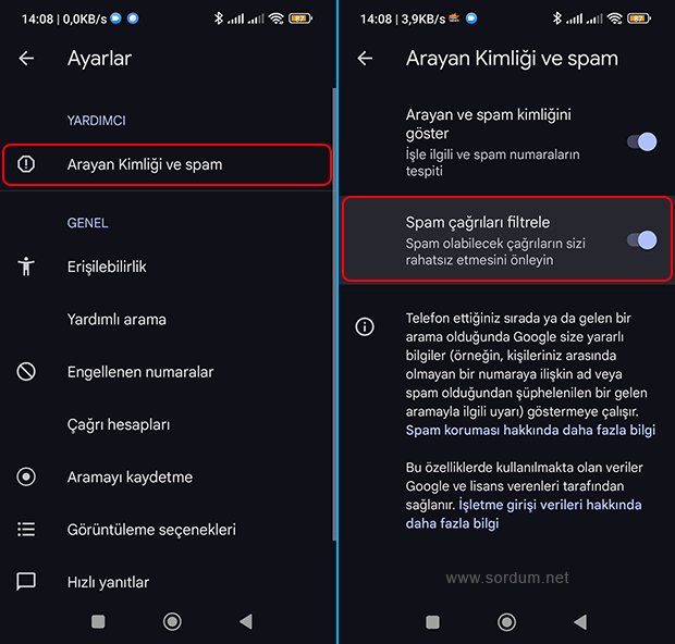 SPAM çağrıları filtrele