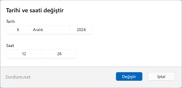 Tarih ve Saat değişikliği ekranı