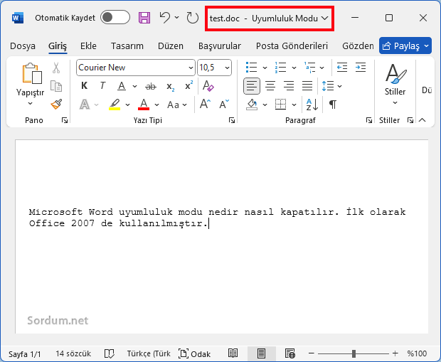 Word başlığında Uyumluluk (Compatibility) yazıyor