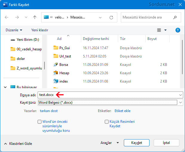Word Docx olarak kaydet