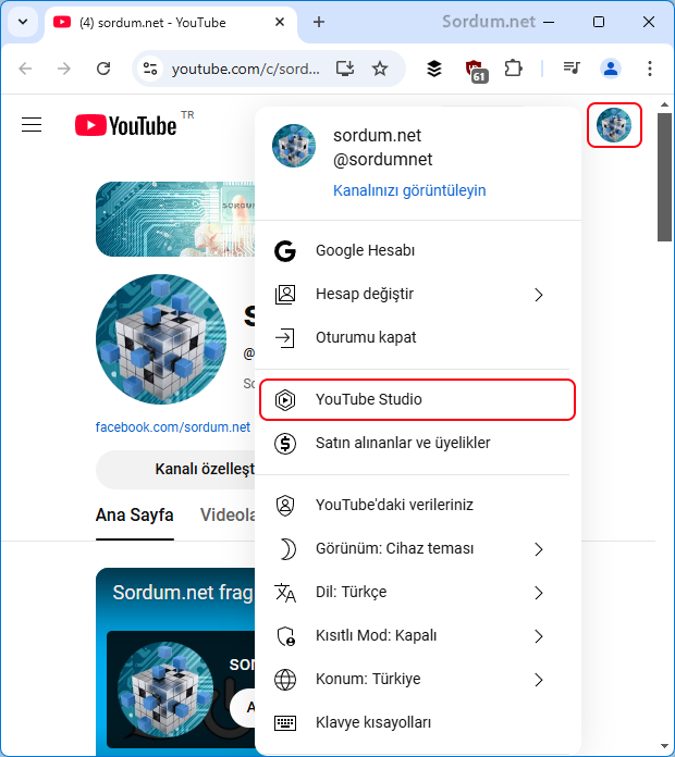Youtube Studio ya giriş
