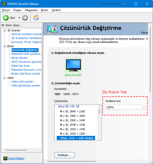 Nvidia Denetim Masası Çözünürlük ayarı
