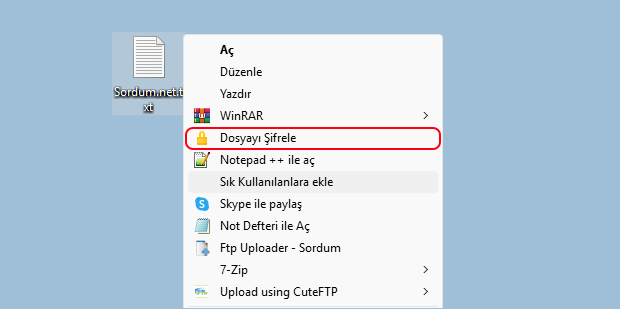 Sağ tuş ile dosya şifrele