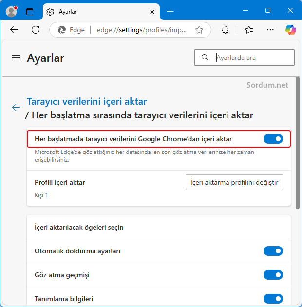 EDGE tarayıcı verilerini içe aktar ayarı