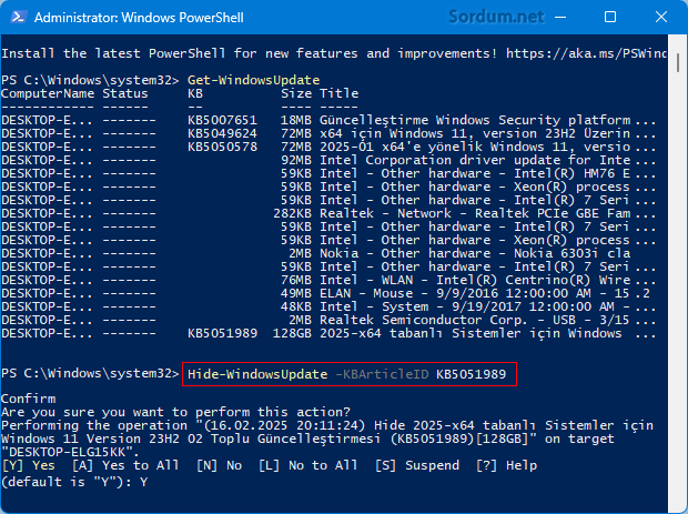 Powershell ile güncelleme gizle