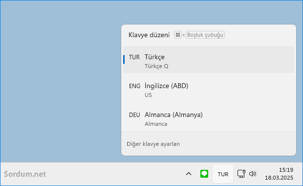 Windowsta kurulu klavye dilleri